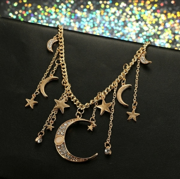 Jewelry - Gold Sparkling Crescent Moon & Stars Necklace
